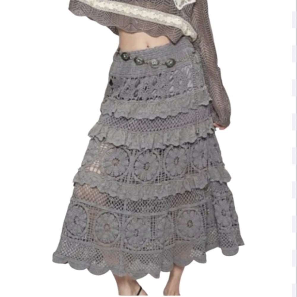 POL Gray Crocheted Ruffle Midi Skirt Size One Size NWOT - Picture 3 of 9